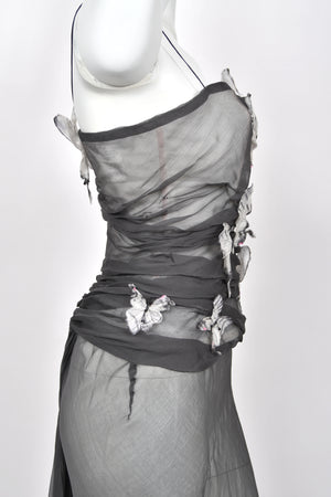1998 Dolce & Gabbana 'Stromboli Collection' Hand-Painted Butterflies Grey Sheer Silk Corset Gown