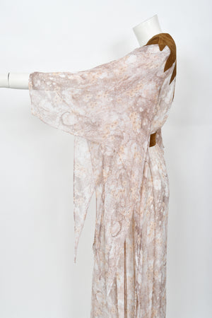 1971 Giorgio Sant' Angelo Watercolor Chiffon & Suede Angel-Sleeve Wrap Dress
