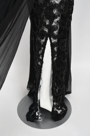 1998 Hanae Mori Haute Couture Beaded Sheer Lace & Chiffon Hourglass Gown