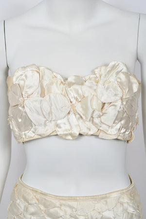 1950's Ivory Floral Appliqué Silk Bustier Crop Top & Matching Fringe Skirt Set
