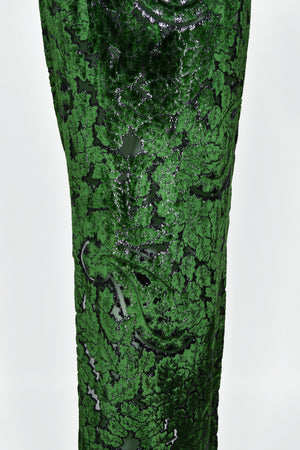 1990 Geoffrey Beene Couture 'Green Leaves' Sheer Devoré Velvet One-Sleeve Hourglass Gown