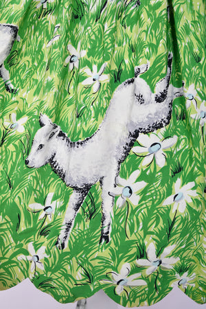 1942 Gilbert Adrian Iconic 'Gamboling Lambs' Scenic Print Scalloped Patio Dress