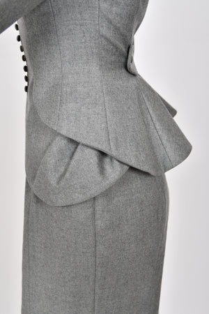 1998 John Galliano ‘Cabaret’ Collection Charcoal Gray Wool Dress & Peplum Jacket Suit