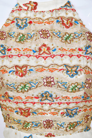 1979 Thea Porter Couture Metallic Gold Embroidered Ivory Silk-Chiffon Halter Gown