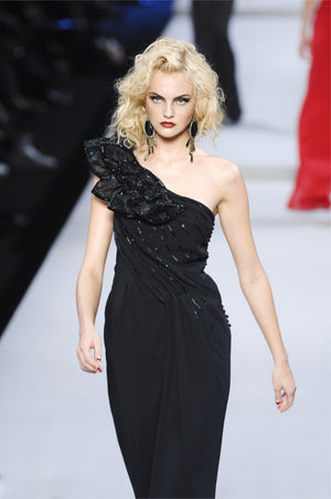 2008 Christian Dior by John Galliano Black Beaded Silk High Slit Bias-Cut Gown