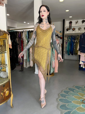 1992 Bob Mackie Runway Metallic Gold Fully-Beaded Halter High Slit 'Flapper' Dress