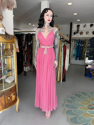 2008 Christian Dior by John Galliano Resort Pink Silk Low-Cut Jeweled Belt Pleated Gown