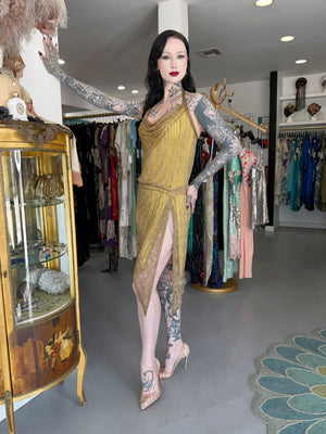 1992 Bob Mackie Runway Metallic Gold Fully-Beaded Halter High Slit 'Flapper' Dress