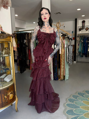 2011 Nina Ricci Editorial Burgundy & Black Polka-Dot Silk Tiered Ruffle Trained Gown w/ Tags