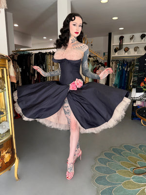 1950's Don Miguel of California Navy Silk & Blush Pink Tulle Ruffle Shelf-Bust Strapless Dress