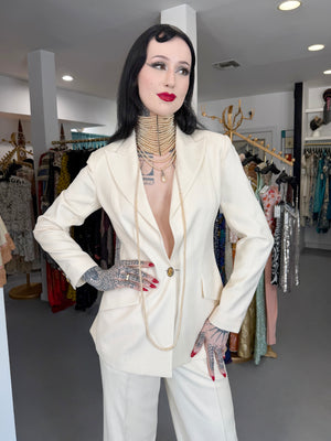 1999 Christian Dior by John Galliano Ivory Logo-Print Silk Enamel Buttons Pantsuit