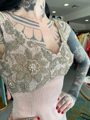 1965 Helen Rose Couture Fully-Beaded Blush Pink Silk Hourglass Dress