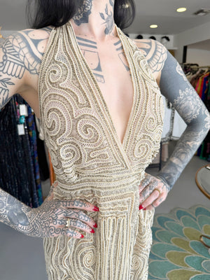 1982 Halston Runway Beaded Sheer Illusion Champagne Lace Backless Halter Wrap Gown