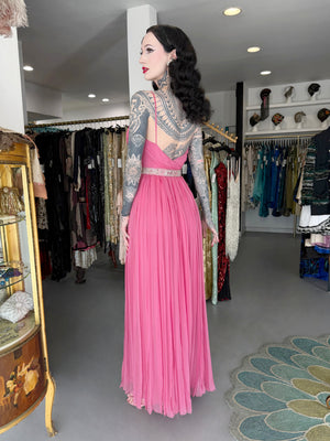 2008 Christian Dior by John Galliano Resort Pink Silk Low-Cut Jeweled Belt Pleated Gown