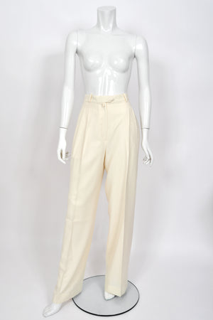 1999 Christian Dior by John Galliano Ivory Logo-Print Silk Enamel Buttons Pantsuit