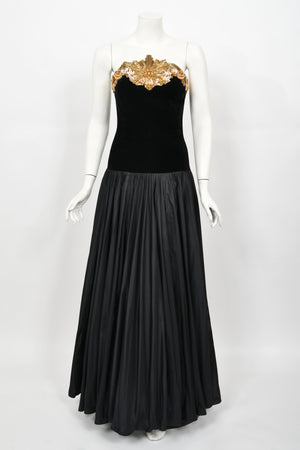 1985 Chanel Documented Runway Metallic Beaded Gold Lamé & Black Silk Strapless Gown