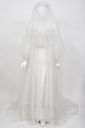 1972 Christian Dior Couture White Beaded Sheer Silk Billow-Sleeve Bridal Gown w/ Matching Veil