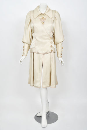 1973 Bill Gibb Couture Embroidered Ivory Satin Mutton-Sleeve Jacket & Vest