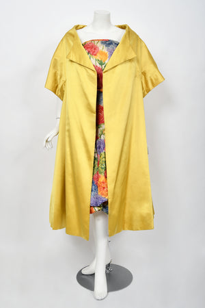 1958 Arnold Scaasi Couture Colorful Floral Silk Strapless Dress & Swing Jacket