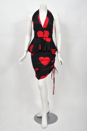 1994 Moschino Couture Documented 'Heartbreaker' Novelty Print Silk Convertible Dress