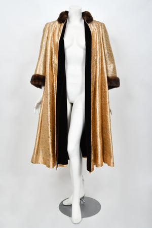 1949 Traina-Norell Couture Vogue Documented Metallic Gold Silk & Mink Swing Coat