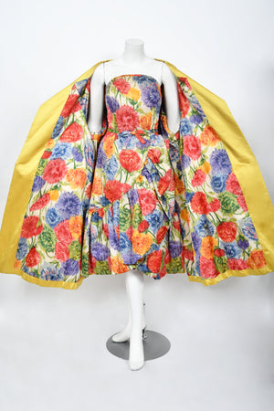 1958 Arnold Scaasi Couture Colorful Floral Silk Strapless Dress & Swing Jacket