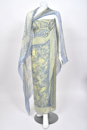 1995 Valentino Runway Periwinkle & Yellow Floral Print Silk Ruched Strapless Draped Gown