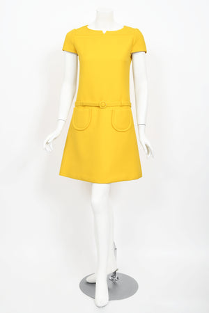 1968 André Courrèges Couture Yellow Wool Belted Space-Age Mod Dress
