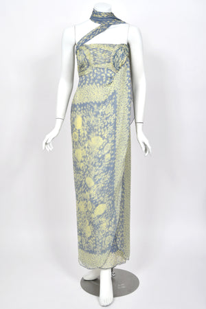 1995 Valentino Runway Periwinkle & Yellow Floral Print Silk Ruched Strapless Draped Gown