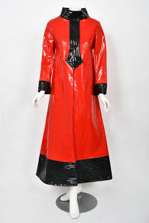 1969 Pierre Cardin Documented Red & Black Vinyl Space-Age Mod Maxi Coat