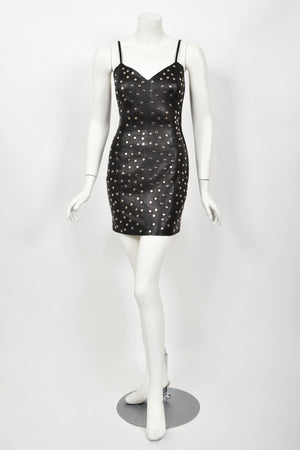 1991 Dolce & Gabbana Documented Runway Studded Black Leather Mini Dress