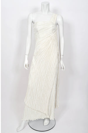 1983 Mary McFadden Ivory Heavily Pleated Asymmetric One-Shoulder Draped Goddess Gown