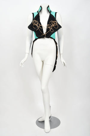 1991 John Galliano Documented Runway Black & Blue Military Inspired Cropped Vest