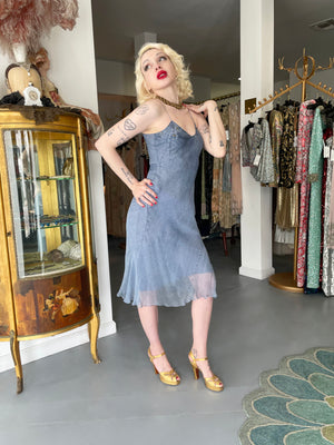 2000 Christian Dior by John Galliano Trompe L'oeil Denim Print Silk Bias-Cut Dress