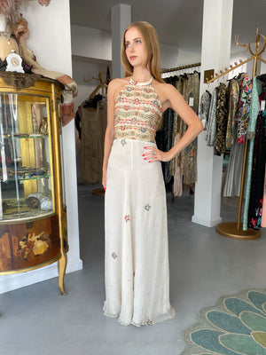 1979 Thea Porter Couture Metallic Gold Embroidered Ivory Silk-Chiffon Halter Gown