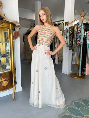 1979 Thea Porter Couture Metallic Gold Embroidered Ivory Silk-Chiffon Halter Gown