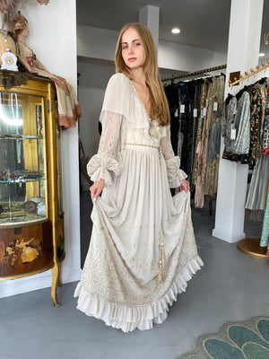 1971 Guy Laroche Haute Couture Embroidered Ivory Silk Billow Sleeve Plunge Gown