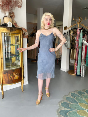 2000 Christian Dior by John Galliano Trompe L'oeil Denim Print Silk Bias-Cut Dress