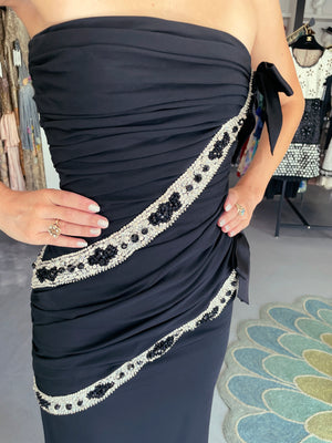 1984 Galanos Couture Crystal Beaded Black Silk Strapless Corset Hourglass Gown