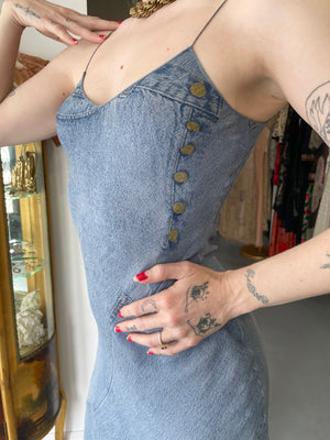 2000 Christian Dior by John Galliano Trompe L'oeil Denim Print Silk Bias-Cut Dress