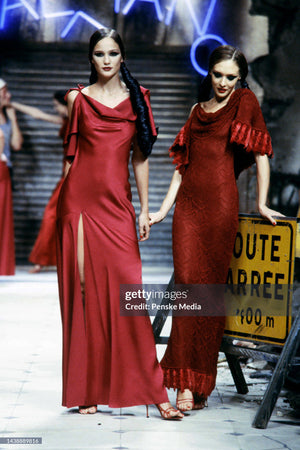 1999 John Galliano Maori Collection Wine Red Asymmetric High Slit Bias-Cut Gown