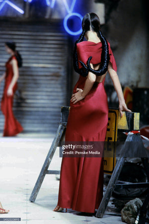 1999 John Galliano Maori Collection Wine Red Asymmetric High Slit Bias-Cut Gown