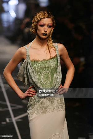 2005 John Galliano Ivory Sheer Silk Chiffon & Chantilly Lace Draped Halter Bias-Cut Gown