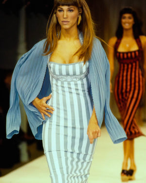 1992 Azzedine Alaia Runway Mint & Ivory Striped Stretch Knit Halter Bodycon Mini Dress