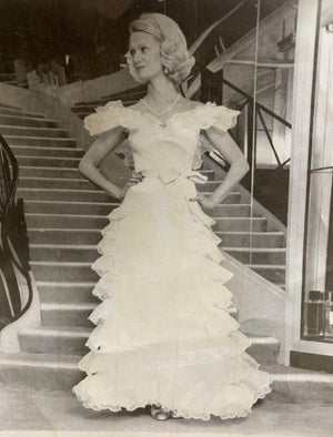 1975 Chanel Haute Couture White Dotted Organza Off-Shoulder Tiered Ruffle Gown
