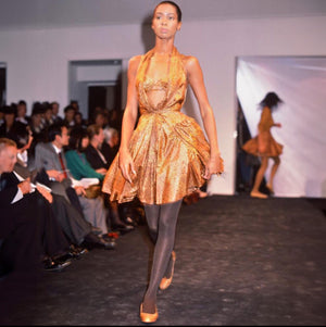 1987 Azzedine Alaia Documented Golden Print Silk Backless Halter Dress