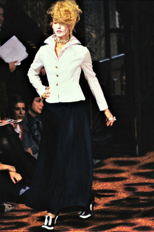 1994 Vivienne Westwood Pinstripe Wool Jacket & High-Low Trained Skirt Ensemble