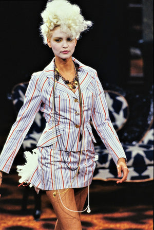 1994 Vivienne Westwood Pinstripe Wool Jacket & High-Low Trained Skirt Ensemble