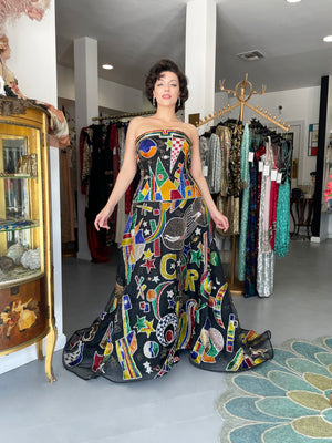 1989 Gianni Versace Haute Couture Runway Beaded Circus Art Bustier Strapless Gown and Shawl