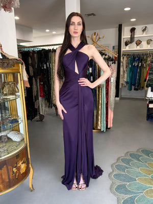 2013 Versace Runway Royal Purple Stretch Jersey Cut-Out High Slit Hourglass Gown